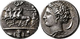 SICILY. Syracuse. Dionysios I, 405-367 BC. Dekadrachm (Silver, 34 mm, 42.17 g, 1 h), signed by Euainetos, circa 405-400. Charioteer driving quadriga g...