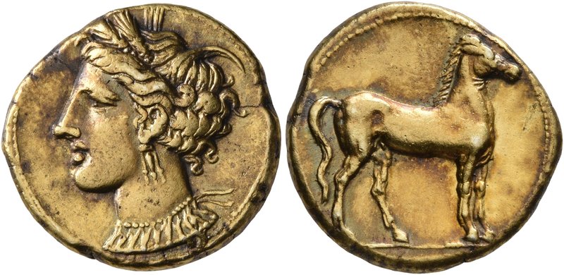 CARTHAGE. Circa 310-290 BC. Stater (Gold, 19 mm, 7.31 g, 12 h). Head of Tanit to...
