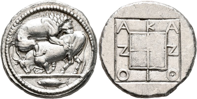 MACEDON. Akanthos. Circa 470-430 BC. Tetradrachm (Silver, 28 mm, 17.30 g, 6 h). ...
