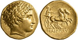 KINGS OF MACEDON. Philip II, 359-336 BC. Stater (Gold, 18 mm, 8.61 g, 12 h), Pella, struck under Philip II or Alexander III, circa 340-328. Laureate h...