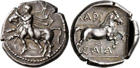 THESSALY. Larissa. Circa 420-400 BC. Drachm (Silver, 19 mm, 5.98 g, 9 h). Thessalos, with trailing petasos and cloak, striding left, wrestling a rushi...
