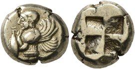 MYSIA. Kyzikos. Circa 550-450 BC. Hekte (Electrum, 10 mm, 2.69 g). Half-length figure of harpy to left, with curved wings, holding tunny fish by the t...