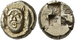MYSIA. Kyzikos. Circa 550-450 BC. Hekte (Electrum, 11 mm, 2.71 g). Facing head of Silenos; at sides, two tunnies upward. Rev. Quadripartite incuse squ...