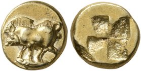 MYSIA. Kyzikos. Circa 500-450 BC. Hemihekte – 1/12 Stater (Electrum, 9 mm, 1.35 g). Boar standing left on tunny. Rev. Quadripartite incuse square. SNG...