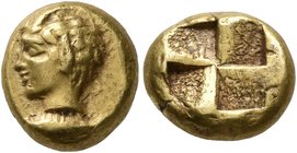 MYSIA. Kyzikos. Circa 450-330 BC. Hekte (Electrum, 10 mm, 2.68 g). Head of the hunter Aktaion to left, with stag’s horn above forehead; below, tunny l...