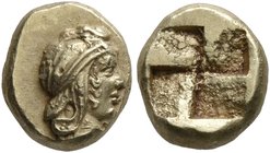 MYSIA. Kyzikos. Circa 450-330 BC. Hemihekte – 1/12 Stater (Electrum, 9 mm, 1.33 g). Head of Attis to right, wearing Phrygian cap. Rev. Quadripartite i...