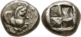 MYSIA. Lampsakos (?). Circa 500-450 BC. Hekte (Electrum, 10 mm, 2.13 g). Forepart of pegasus with curved wings to right; before, branch of ivy (?). Re...