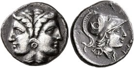 MYSIA. Lampsakos. Late 4th-3rd centuries BC. Tetrobol (Silver, 14 mm, 2.21 g, 2 h). Janiform female heads, each wearing stephane, and with a single ce...