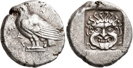 TROAS. Abydos. Circa 480-450 BC. Drachm (Silver, 17 mm, 5.27 g, 2 h). [A]BYΔ-HNON Eagle, wings closed, standing left on base. Rev. Facing gorgoneion w...