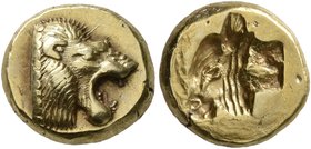 LESBOS. Mytilene. Circa 521-478 BC. Hekte (Electrum, 11 mm, 2.58 g, 5 h). Head of a roaring lion to right. Rev. Incuse head of a calf to left with rec...