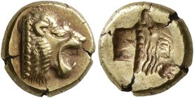 LESBOS. Mytilene. Circa 521-478 BC. Hekte (Electrum, 11 mm, 2.58 g, 2 h). Head of a roaring lion to right. Rev. Incuse head of a calf to right with re...