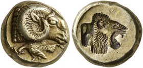 LESBOS. Mytilene. Circa 521-478 BC. Hekte (Electrum, 10 mm, 2.55 g, 10 h). Head of a ram to right; below, rooster feeding to left. Rev. Incuse lion’s ...