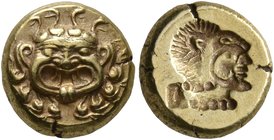 LESBOS. Mytilene. Circa 521-478 BC. Hekte (Electrum, 10 mm, 2.58 g, 6 h). Facing gorgoneion with protruding tongue. Rev. Incuse head of Herakles to ri...