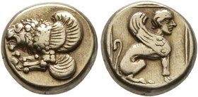 LESBOS. Mytilene. Circa 412-378 BC. Hekte (Electrum, 11 mm, 2.52 g, 12 h). Forepart of a winged lion to left. Rev. Sphinx with curved wings seated to ...
