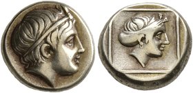 LESBOS. Mytilene. Circa 377-326 BC. Hekte (Electrum, 10 mm, 2.54 g, 7 h). Young male head to right, wearing taenia with frontal horn. Rev. Female head...