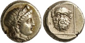 LESBOS. Mytilene. Circa 377-326 BC. Hekte (Electrum, 10 mm, 2.56 g, 1 h). Head of Dionysos to right, wearing wreath of ivy and fruit. Rev. Facing head...