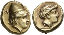 LESBOS. Mytilene. Circa 377-326 BC. Hekte (Electrum, 11 mm, 2.58 g, 7 h). Head of Kabeiros to right, wearing wreathed cap; two stars flanking. Rev. He...