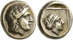 LESBOS. Mytilene. Circa 377-326 BC. Hekte (Electrum, 10 mm, 2.55 g, 12 h). Laureate head of Apollo to right; behind, small serpent. Rev. Head of Artem...