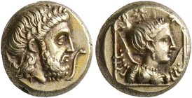 LESBOS. Mytilene. Circa 377-326 BC. Hekte (Electrum, 10 mm, 2.57 g, 12 h). Laureate head of Zeus to right; before, small serpent to right. Rev. Half-l...