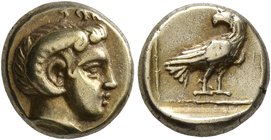 LESBOS. Mytilene. Circa 377-326 BC. Hekte (Electrum, 11 mm, 2.54 g, 6 h). Head of Apollo Karneios to right, wearing horn of Ammon over his ear. Rev. E...
