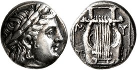 LESBOS. Mytilene. Circa 350-250 BC. Triobol (Silver, 13 mm, 2.77 g, 12 h). Laureate head of Apollo to right. Rev. M-Y/T-I Kithara; all within linear s...