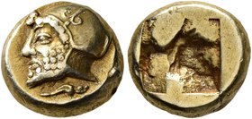 IONIA. Phokaia. Circa 521-478 BC. Hekte (Electrum, 10 mm, 2.56 g). Bearded male head to left, wearing crested helmet decorated with two volutes on the...