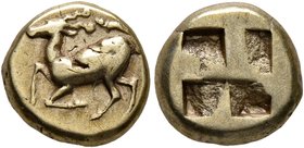IONIA. Phokaia. Circa 478-387 BC. Hekte (Electrum, 10 mm, 2.54 g). Stag crouching left; above, small seal to left. Rev. Quadripartite incuse square. B...