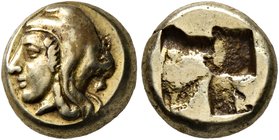 IONIA. Phokaia. Circa 478-387 BC. Hekte (Electrum, 10 mm, 2.56 g). Head of Attis to left, wearing Phrygian cap; behind, small seal downward. Rev. Quad...