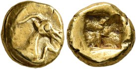 IONIA. Uncertain. Circa 600-550 BC. Hemihekte – 1/12 Stater (Electrum, 8 mm, 1.36 g), Phokaic standard. Forepart of a horned animal to right. Rev. Inc...