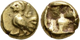 IONIA. Uncertain. Circa 600-550 BC. Hemihekte – 1/12 Stater (Electrum, 8 mm, 1.36 g), Phokaic standard. Siren standing left, with curl of hair trailin...