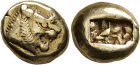 KINGS OF LYDIA. Alyattes II to Kroisos, circa 610-546 BC). Trite (Electrum, 12 mm, 4.70 g), Sardes. Head of a lion with sun and rays on its forehead t...