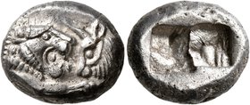 KINGS OF LYDIA. Kroisos, circa 560-546 BC. Siglos (Silver, 16 mm, 5.33 g), Sardes. Confronted foreparts of a lion and a bull. Rev. Two incuse squares,...