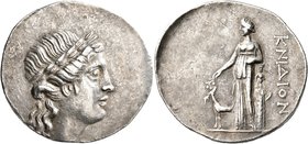 CARIA. Knidos. Circa 200-150 BC. Tetradrachm (Silver, 35 mm, 16.49 g, 12 h). Laureate head of Apollo to right. Rev. KNIΔION Artemis Hyakinthotrophos s...
