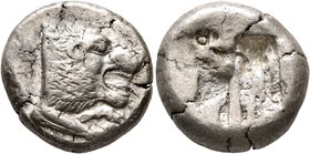 CARIA. Uncertain. Circa 500-480 BC. Stater (Silver, 20 mm, 10.99 g). Forepart of a roaring lion to right. Rev. Irregular incuse, divided into two oblo...