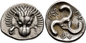 DYNASTS OF LYCIA. Perikles, circa 380-360 BC. 1/3 Stater (Silver, 17 mm, 2.85 g). Facing lion's scalp. Rev. &#66195;&#66177;&#66197;-&#66182;&#66187;-...