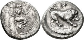 CILICIA. Issos (?). Circa 425-390 BC. Stater (Silver, 24 mm, 10.43 g, 5 h). Marine deity with dragon tail to left, holding trident in his right hand a...