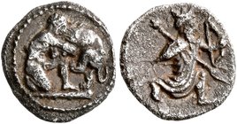 CILICIA. Mallos. Time of Artaxerxes II to Darios III, 404-330 BC. Obol (Silver, 10 mm, 0.70 g, 2 h). Herakles, nude, kneeling right on club, stranglin...