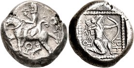 CILICIA. Tarsos. Circa 420-410 BC. Stater (Silver, 19 mm, 10.38 g, 9 h). Satrap on horseback riding left, holding flower; behind, eagle standing left ...