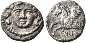 SAMARIA. 'Middle Levantine' Series. Circa 375-333 BC. Obol (Silver, 9 mm, 0.53 g, 8 h), Bedyehibel (or Beruhibel). Facing gorgoneion. Rev. Forepart of...