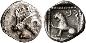 SAMARIA. 'Middle Levantine' Series. Circa 375-333 BC. Obol (Silver, 9 mm, 0.59 g, 12 h), Sanballat (?), Satrap of Samaria. Crowned head of the Persian...