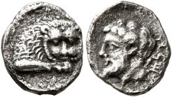 SAMARIA. 'Middle Levantine' Series. Circa 375-333 BC. Obol (Silver, 10 mm, 0.53 g, 6 h). Forepart of a lion to right, head facing. Rev. Bearded male h...