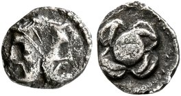 SAMARIA. 'Middle Levantine' Series. Circa 375-333 BC. Hemiobol (Silver, 7 mm, 0.19 g). Janiform bearded male head. Rev. Five Athenian-style coins with...