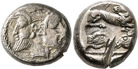PHILISTIA (PALESTINE). Azotos (Ashdod). Mid 5th century-333 BC. Drachm (Silver, 14 mm, 3.73 g, 2 h). Archaic-style janiform head, composed of a female...