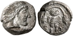 PHILISTIA (PALESTINE). Gaza. Mid 5th century-333 BC. Obol (Silver, 8 mm, 0.67 g, 6 h). Archaic-style janiform head, composed of a female to right and ...