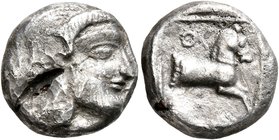 PHILISTIA (PALESTINE). Gaza. Mid 5th century-333 BC. Drachm (Subaeratus, 15 mm, 3.56 g, 1 h). Laureate bearded male head to right. Rev. Forepart of a ...