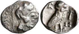 PHILISTIA (PALESTINE). Uncertain mint. Mid 5th century-333 BC. Obol (Silver, 9 mm, 0.51 g, 1 h). Head of Athena to right, wearing crested Attic helmet...