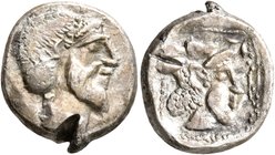 PHILISTIA (PALESTINE). Uncertain mint. Mid 5th century-333 BC. Drachm (Silver, 16 mm, 3.08 g, 6 h). Bearded male head to right. Rev. Janiform head, co...