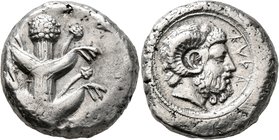 KYRENAICA. Kyrene. Circa 440-435 BC. Tetradrachm (Silver, 24 mm, 17.29 g, 2 h), in alliance with Euhesperides. Attic standard. [E-Y] Silphium plant wi...