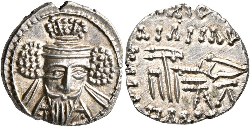 KINGS OF PARTHIA. Vologases V, circa 191-208. Drachm (Silver, 18 mm, 3.92 g, 12 ...
