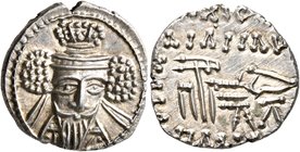 KINGS OF PARTHIA. Vologases V, circa 191-208. Drachm (Silver, 18 mm, 3.92 g, 12 h), Ekbatana. Diademed and draped facing bust of Vologases V, wearing ...